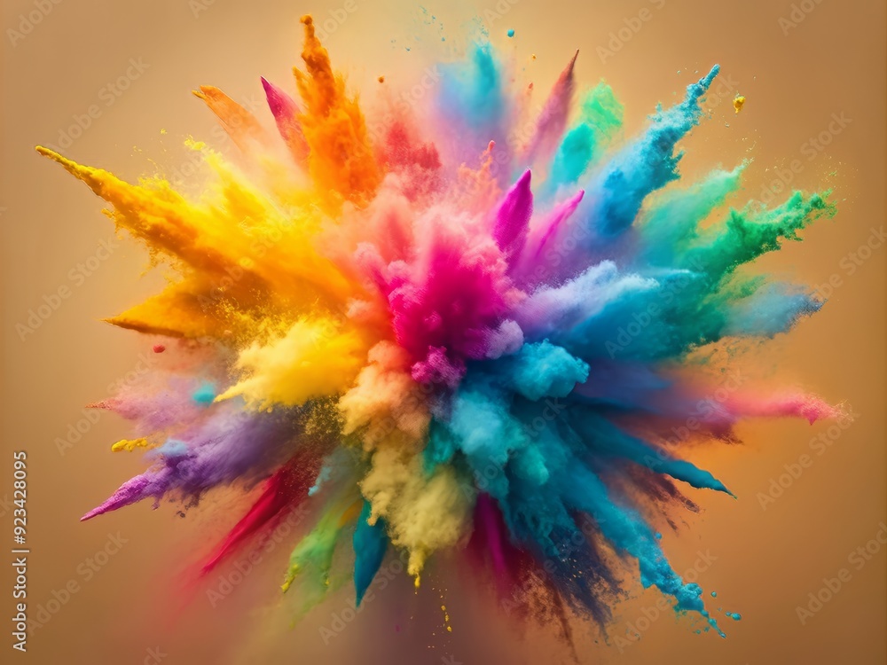 Poster vibrant colorful powder explosion frozen in mid-air against soft pastel background, creating a mesme
