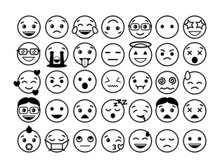 Set of linear emoji faces. Black and white icons with faces expressing different emotions. Sad, happy, funny, loving, crying and angry characters. Cartoon flat vector collection isolated on white