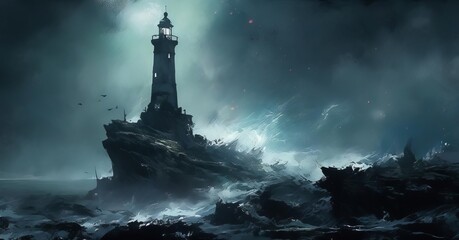 A dramatic lighthouse stands resiliently against crashing waves, surrounded by a moody atmosphere and swirling storm clouds.