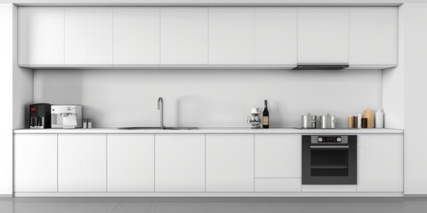 Fototapeta premium A white kitchen with a black oven and a sink