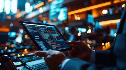 Dynamic law office scene, tablet showcasing AI-generated case laws, blurred background of bustling professionals engaged in legal discussions, modern technology meets legal expertise.