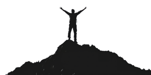 Silhouette of the man success on the peak of mountain, victory isolated on white background