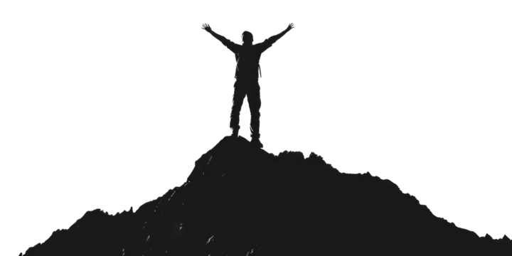 Silhouette of the man success on the peak of mountain, victory isolated on white background