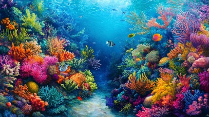 Fototapeta premium coral reef teeming with marine life, vibrant colors of corals, fish, and underwater plants