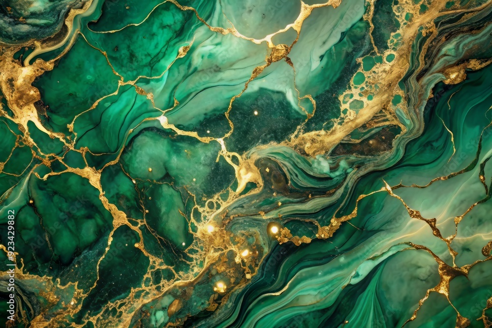 Poster vibrant emerald green marble background with intricate golden splashes and swirls, creating a luxuri