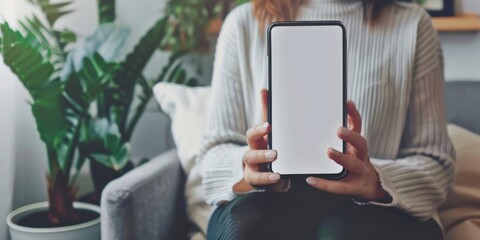 A woman is holding a tablet with a white screen