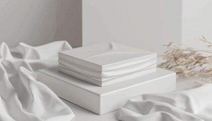 Minimalist white boxes on soft fabric with dried flowers in well-lit indoor setting