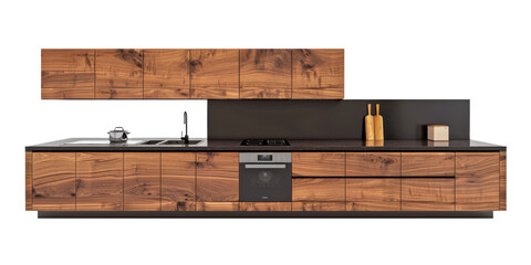 A wooden kitchen cabinet with a black counter top
