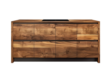 A wooden kitchen cabinet with a black counter top