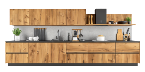 A wooden kitchen cabinet with a black counter top