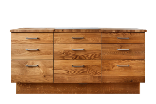 A wooden kitchen cabinet with a black counter top
