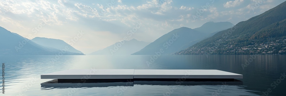 Aufkleber a calm and tranquil scene with a floating platform extending over the surface of a serene lake, surr