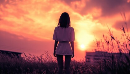 Silhouetted figure standing in tall grass at sunset with vibrant colors in the sky