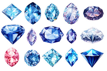 Watercolor crystal gems set. Hand drawn illustration isolated on white background