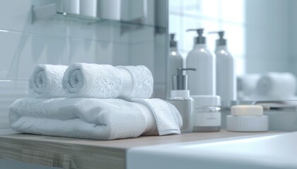 Neatly arranged white towels and toiletries in a serene bathroom setting