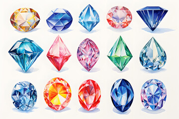 Watercolor crystal gems set. Hand drawn illustration isolated on white background
