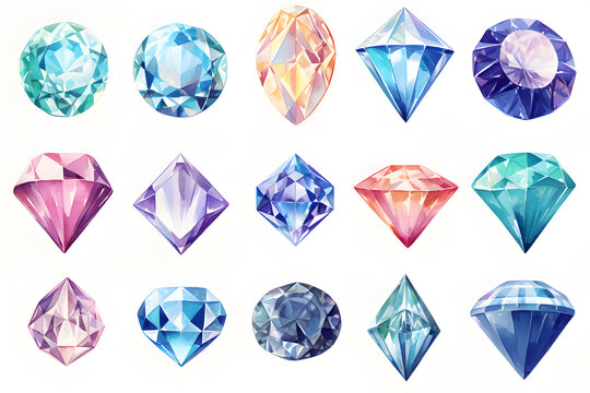 Watercolor crystal gems set. Hand drawn illustration isolated on white background