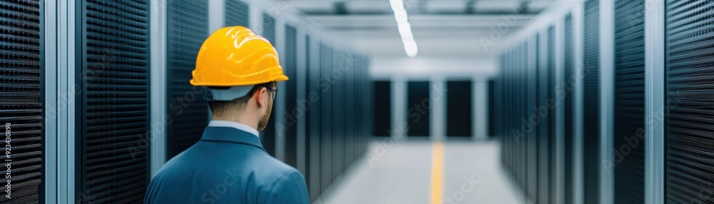 Poster a technician in a hard hat inspects a data center filled with server racks, ensuring optimal perform