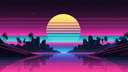 background synthwave with Dramatic sunset paints golden sky, calm ocean reflects dying light, silhouettes of distant mountains