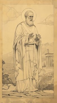 The painting of St. Barnabas in Ancient Cyprus, Preaching, Biblical Illustration, Beige Background, Copyspace