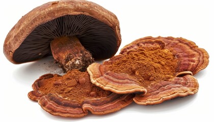 Fresh and dried reishi mushrooms with powder on white background