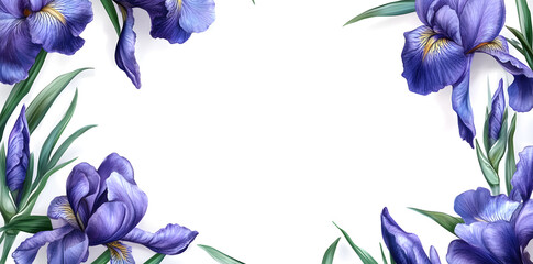 Iris flowers a frame border on white background with copy space for text	