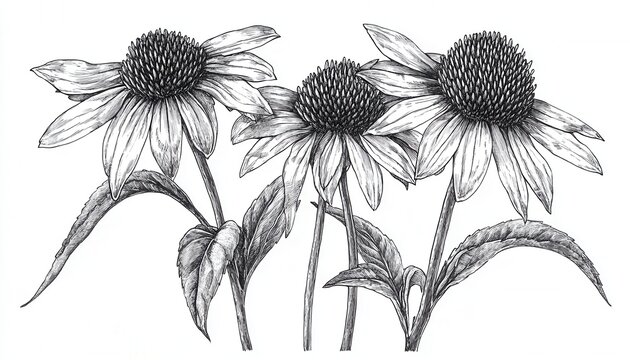 Detailed black and white illustration of three echinacea flowers with leaves