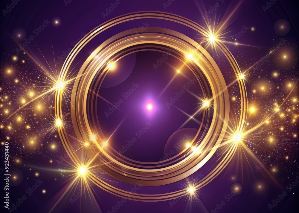 Poster abstract design featuring intricate golden circle lines overlapping on a rich purple background with