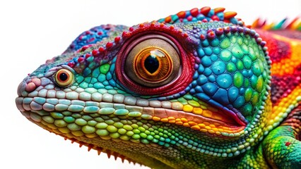 Vibrant, multi-colored lizard chameleon portrait isolated on white, showcasing intricate, colorful scales and body paint, with bright, generative AI-enhanced reptile details.