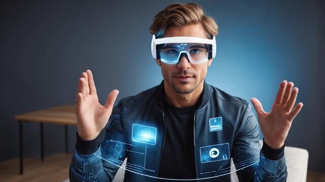 サイバー空間の覇者！ARメガネでビデオストリーミングを楽しみ、ジェスチャーで操作する男性