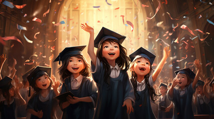 Obraz premium group of young cute girl celebrating graduation, illustration