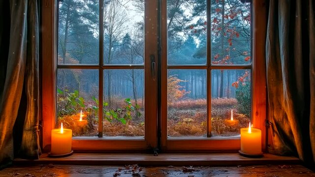 Candlelit autumn view through a rustic window with serene forest landscape. Seamless looping time-lapse video background.