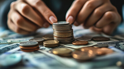 Detailed image of hands arranging and stacking bills and coins on a flat surface. The focus is on the texture and details of the money as it's being sorted and accumulated.