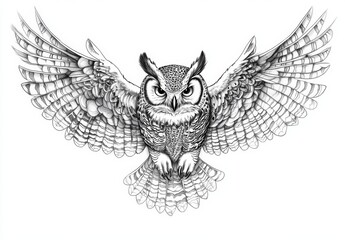 Fototapeta premium Owl in Flight with Symmetric Feathers on White Background, Wildlife and Nature Concept Generative AI