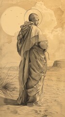 Fototapeta premium The painting of St. Anthony of Egypt in the Desert, Biblical Illustration, Beige Background, Copyspace