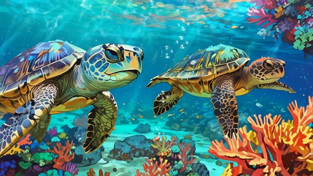 a couple of turtle at the deep blue sea with a stunning coral reef