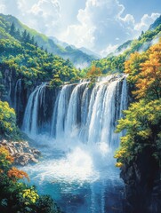 Vibrant Crayon Art of Huangguoshu Waterfall, Perfect for Travel or Nature Inspired Designs Generative AI