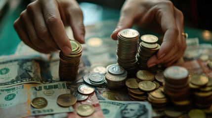 Close-up of hands stacking banknotes and coins on a table, with a focus on the details of the money. The scene highlights the process of organizing and increasing the amount of money.