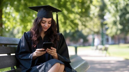 A graduate sitting on a bench, scrolling through job listings on a smartphone