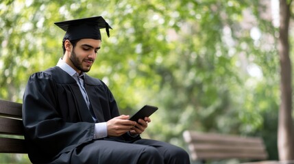 A graduate sitting on a bench, scrolling through job listings on a smartphone