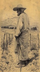 The painting of St. Isidore the Farmer Working Fields in Spanish Countryside, Biblical Illustration, Beige Background, Copyspace