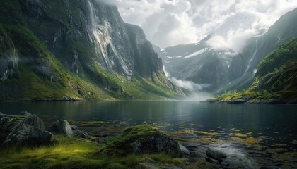 Majestic fjord surrounded by dramatic cliffs under a cloudy sky at dusk