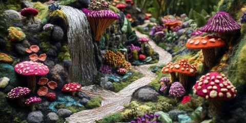 Colorful Felt Forest with Winding Paths and Mushrooms, Ideal for Whimsical and Fantasy Illustrations Generative AI