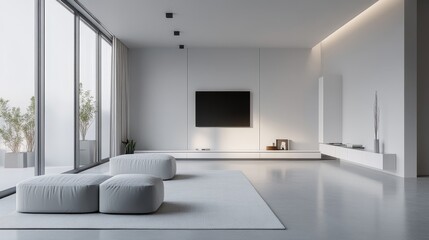 Fototapeta premium A modern, minimalist living room featuring a large window, neutral colors, and simple furniture for a serene atmosphere.