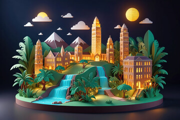 Intricate Paper Art Depicting a Majestic Landscape With Waterfalls and Mountains at Dusk