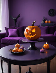 jack o lantern pumpkin with a glowing face on a wooden table surrounded by smaller pumpkins and autumn decoration , purple living room, halloween