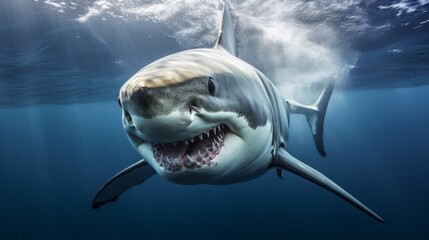 Ocean shark bottom view from below. Open toothy dangerous mouth with many teeth. Neural network ai generated art