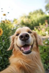 Obraz premium Funny Dog Taking a Selfie in a Garden Generative AI