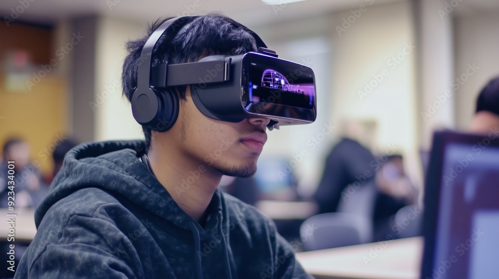 Poster a student uses virtual reality to enhance learning and grasp complex concepts interactively.