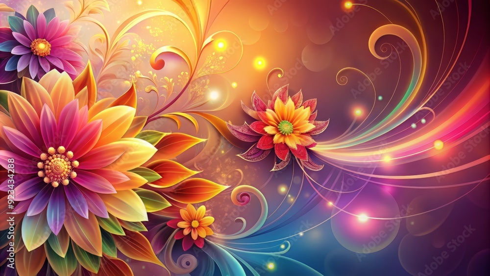 Poster vibrant abstract modern floral background design template with elegant petals and swirling patterns,